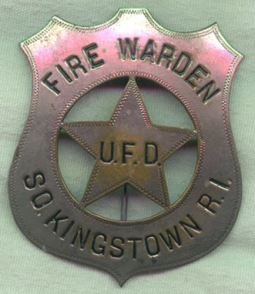 Great 1920s Union Fire Department Badge South Kingston, Rhode Island