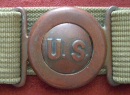 Great Early 1900s Mills Belt with Interlocking US Buckle and Artillery Markings Inside Band