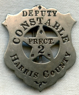 Great 1880s-90s Harris Co Texas Precinct 2 Dep Constable Circle Star Cut Out Shield Badge