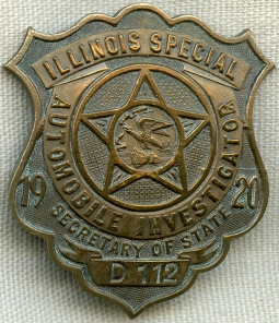 Nice 1920 Illinois Special Automobile Investigator Badge Number D112