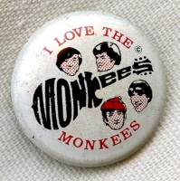 1967 'I Love the Monkees' Musical Band Painted Tin Pinback Button