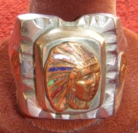 Great 1930s-1940s Mexican Nickel Silver & Enameled Brass Indian Chief Ring