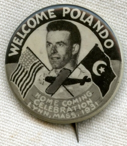 1931 Pilot Homecoming Celluloid Pin for John Polando Lynn, Massachusetts Long Distance Record Setter