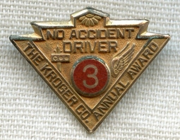 Cool Old 1930s Kroger Grocers 3 Year Safe Driver Award Lapel Pin