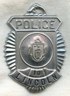 Scarce Late 1920s Lincoln, Massachusetts Police Badge in Sunburst Radiator or Clamshell Style