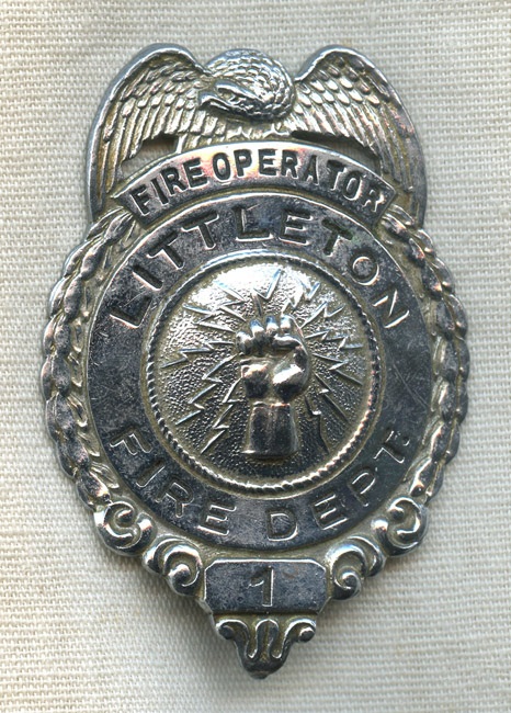 Scarce 1930s Littleton, Colorado Fire Dept. Fire Operator Badge: Flying ...