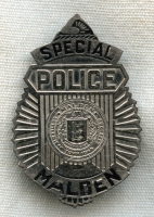 1930s-Early 1940s Malden Massachusetts Special Police Clamshell / Sunburst Radiator Shirt Size Badge