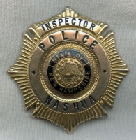 Nice Old 1930s-1940s Nashua, New Hampshire Inspector Rank Police Badge in 10K Gold Fill