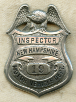 Ext Rare 1910's 1st Issue New Hampshire Motor Vehicle Dept Inspector Badge Pre State Police