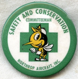 Cool WWII Era Northrop Aircraft Safety Committee Badge w/ Cartoon Safety Bee at Center