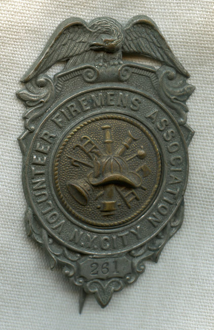 1880s New York City Volunteer Firemens Association Badge Low 3-Digit ...