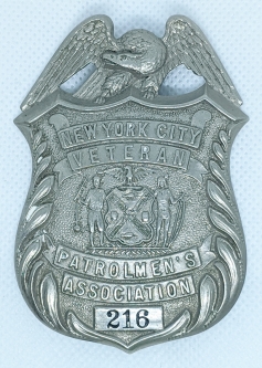 Beautiful, Large, Ca 1931 New York City Veteran Policeman's Association Badge #216