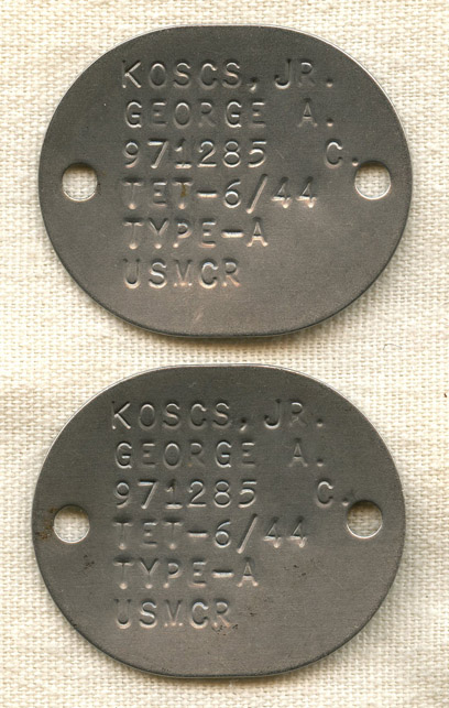 Pair WWII US Marine Corps Reserve Dog Tags for George A. Koscs Jr