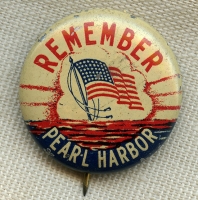 Poignant Early WWII "Remember Pearl Harbor" Tin Litho Pin