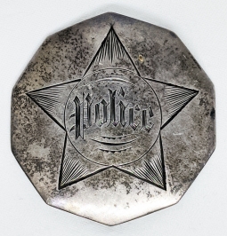 Wonderful 1870's Old New England Decagon Stock Silver Police Badge