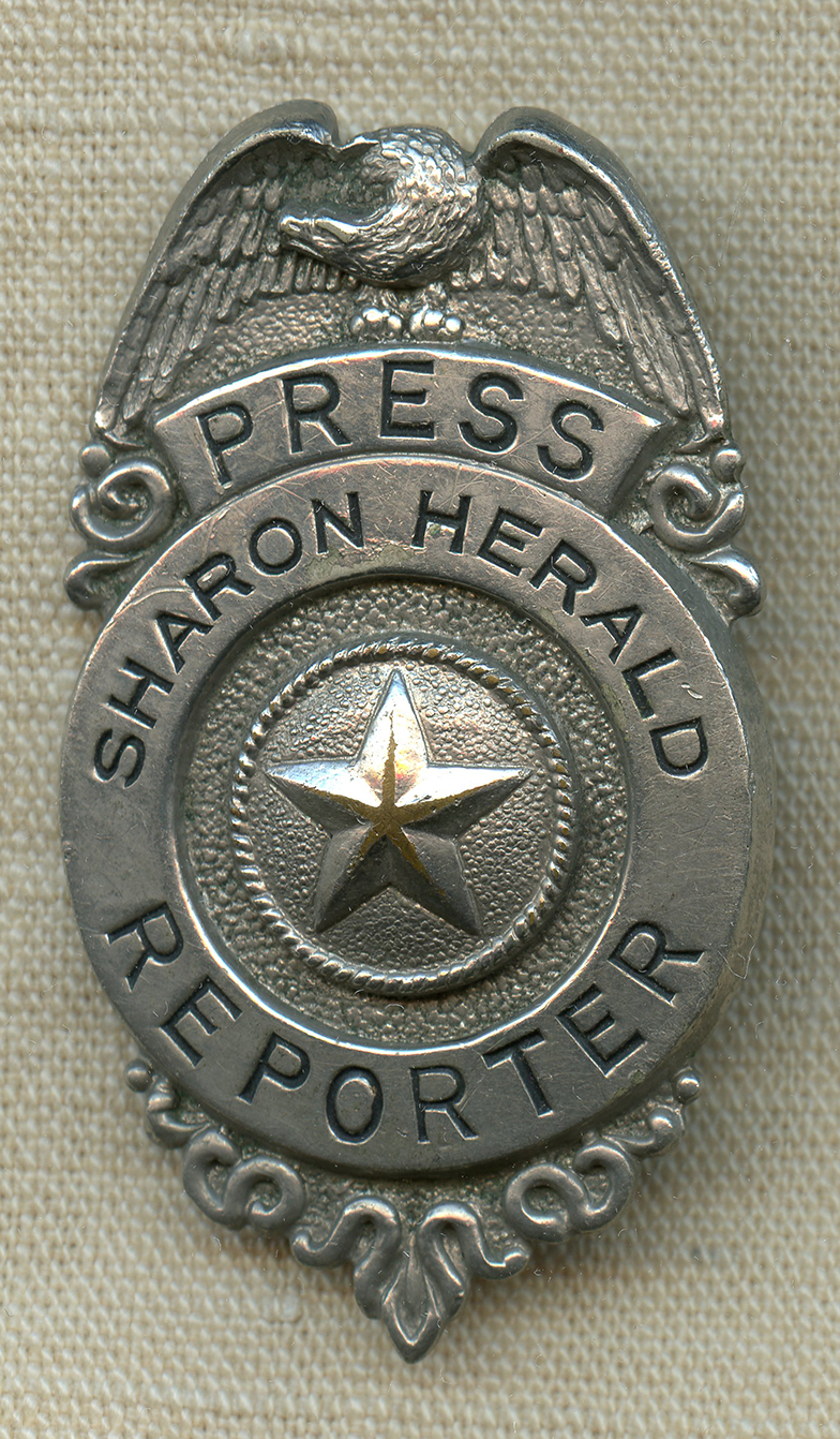 Nice Early 1930's Sharon Herald Reporter Badge. Flying Tiger Antiques