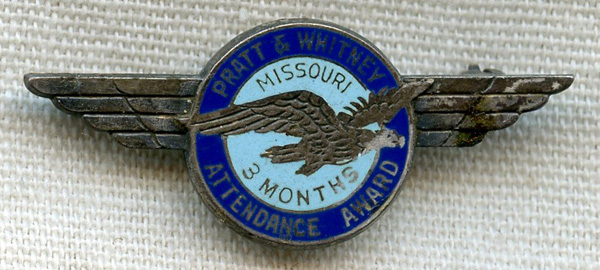 WWII Sterling Pratt & Whitney 3 Months' Attendance Award Pin (Missouri ...