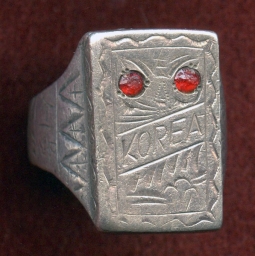 Very Cool 1946 US Korean Occupation Coin Silver Ring with Red Stones Owl Design