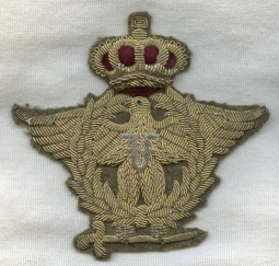 Extremely Rare 1920s Romanian Air Force Officer Hat Badge in Bullion with Ferdinand I Cypher