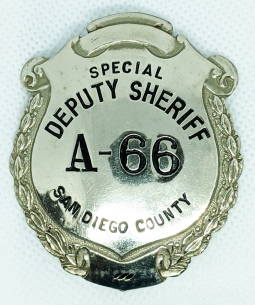 Nice ca 1936 - 1941 San Diego County Special Deputy Sheriff Badge #A-66 by Cal Stamp Co