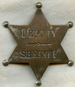 Wonderful 1870s-80s Old West Deputy Sheriff 6 Pt. Star Badge by Adams St. Louis