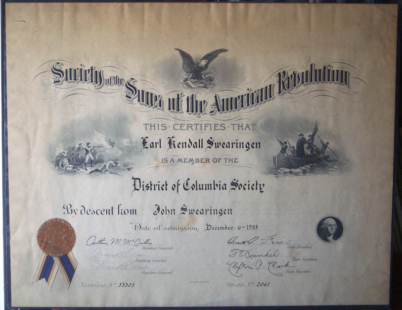 1933 Sons of the American Revolution Membership Certificate of Earl ...