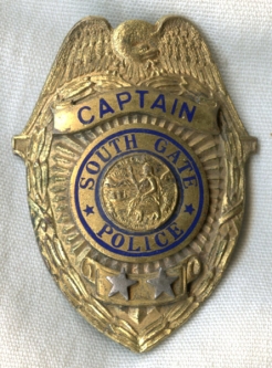 Great 1920's South Gate, California Police Captain Badge by L.A. Rubber Stamp Co.