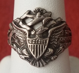 Early WWII Sterling Silver Patriotic Ring with "USA," Eagle, Airplane, Cannon, & Battle Ship sz 8.25