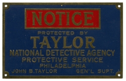 Nice Old Circa 1900 Taylor Detective Agency "Protected By" Painted Brass Sign in Excellent Condition