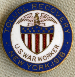 Rare #'d WWI War Worker Lapel Pin for the US Ordnance Tuluol Recovery Plant in New York, 1918