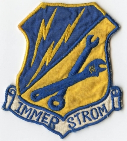 BEING RESEARCHED - German-Made USAF Maint. Sq.(?) "Immer Strom" Jacket Patch - NOT FOR SALE TIL IDed