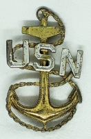 Rare Late 1930's - WWII USN CPO Hat Badge by PASQUALE in Gilt Sterling. Cool Salty "Stepped" USN.