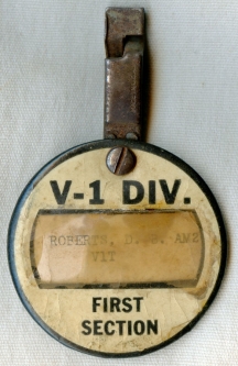 WWII USN V-1 Division ID Badge with Sailor's Name and Rank