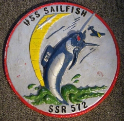 Late 1950s USS Sailfish SSR-572 Hand-Painted Aluminum Submarine Plaque Gray Background