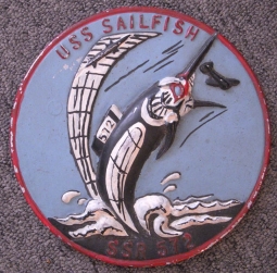 Late 1950s USS Sailfish SSR-572 Hand-Painted Aluminum Submarine Plaque Blue Background