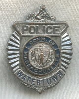 1950s Watertown, Massachusetts Police Badge in Shirt-Size "Sunburst Radiator" Design