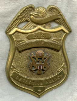 WWI era District of Columbia Detective Agency Badge #4 worn by Edward L. Weikert, US  War Dept. Cons