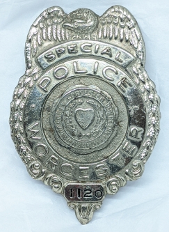 Nice WWII Era Worcester, MA Special Police Badge in NIckel Plated Wartime Shortages Steel #1120