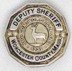 Rare ca 1910s Sterling Silver Worcester Co MA Deputy Sheriff Badge with Hard-Fired Black Enamel