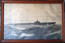 Period WWII Photographic Copy of Pen & Ink/Watercolor of USN Sub from Portsmouth Naval Ship Yard