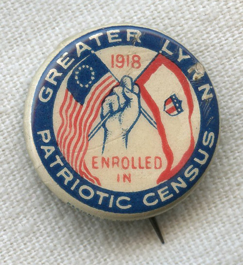 WWI Greater Lynn, Massachusetts Patriotic Census Celluloid Pin: Flying ...