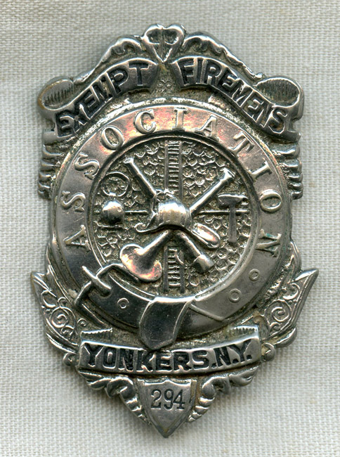 Ca. 1910s Yonkers, New York Exempt Firemen's Association Badge #294 ...